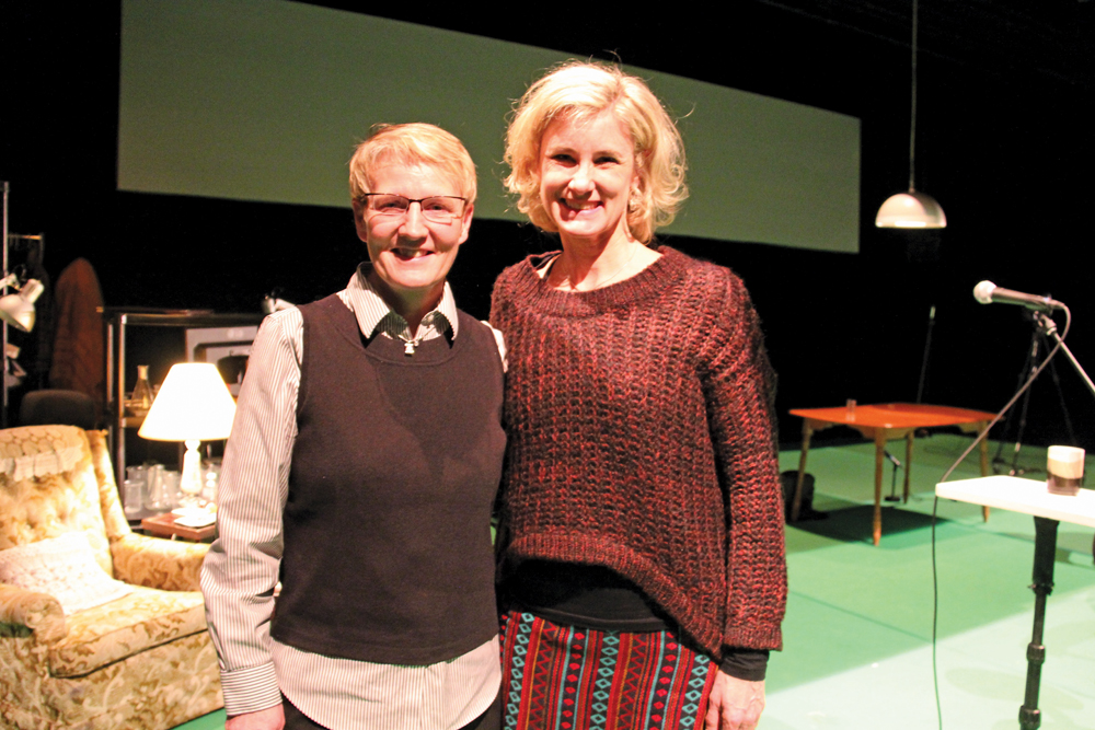 Monsanto Canada’s Trish Jordan (l) and actor Carey Lawrence who plays Jordan in “Seeds,” a play about Percy Schmeiser’s battle with Monsanto over patent infringement on at Winnipeg’s Prairie Theatre Exchange until Feb. 28.