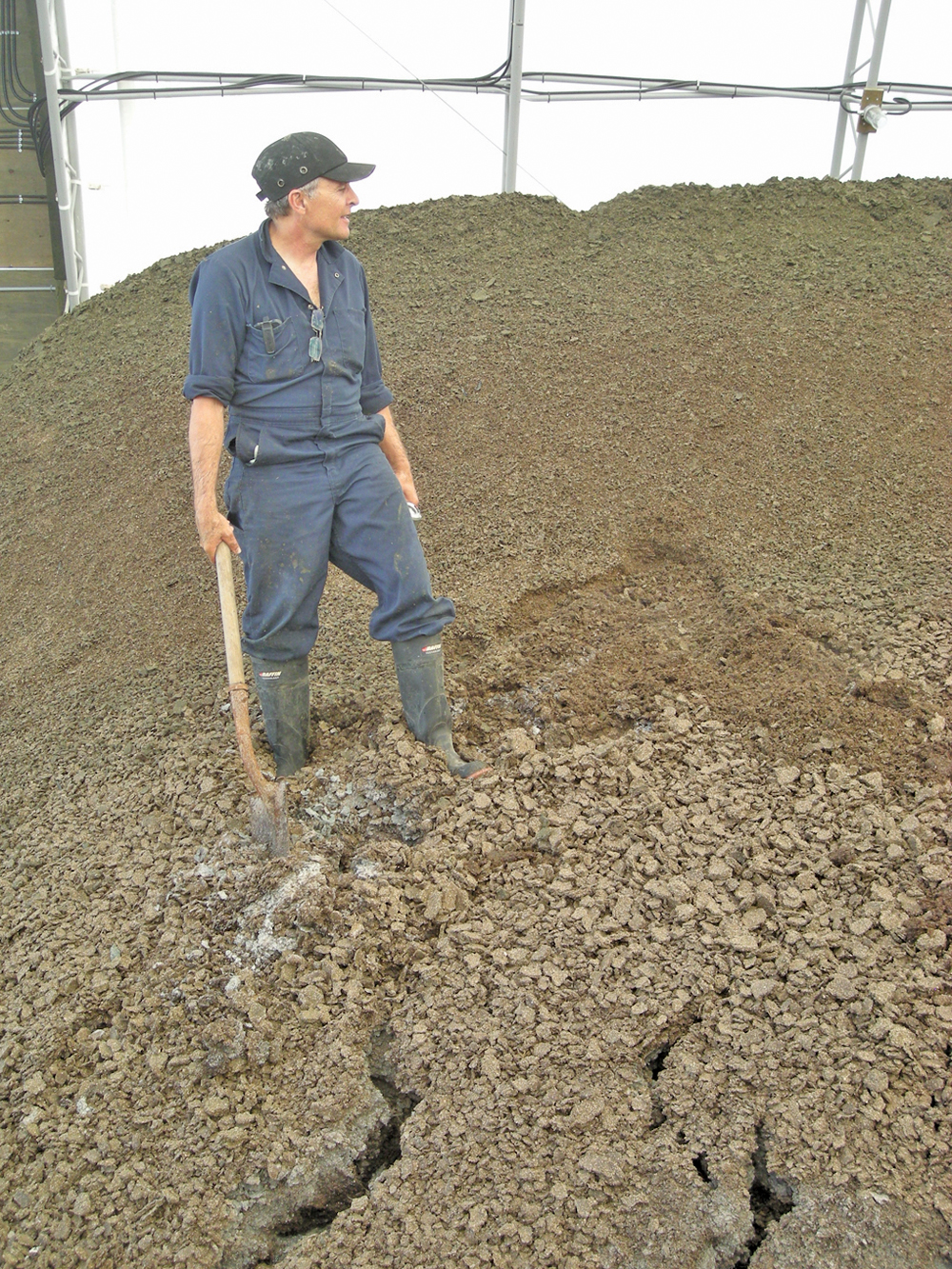Lauren Wiebe with phosphorus-rich solids separated from hog manure on his farm near St. Malo.