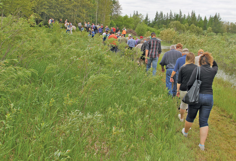 More than a 100 delegates on the MCDA tour walk along a trail while visiting an RM of Tache landowner’s private property where a series of small wetlands have been constructed from borrow pits.