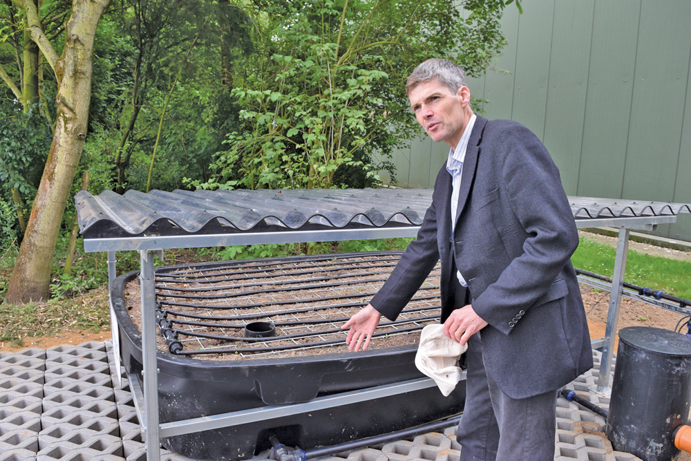 David Lembrich of Bayer CropScience discusses the Dutch-designed Phytobac, which uses straw and soil to remove herbicides from water used to wash out sprayers.