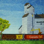 This work of art by Judy Trefry of Manitoba depicts the former Manitoba Pool Elevator at Beausejour. It was still standing when Trefry was creating her rug. It was demolished in September 2012.