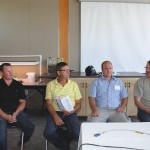Four farmers discussed nutrient management during the 4R Nutrient Field Day at Kelburn Farm July 3. Curtis McRae (l to r), Ed Peters, Frank Prince and Jonathan Hodson.