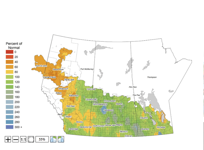 This map shows the total precipitation across the Prairies so far this growing season compared to the long-term average. Most of the Prairies have seen average to well-above-average amounts, with the wettest areas located in a northwest swath from Brandon to just west of Saskatoon.