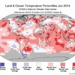 Usually we look at a map that has to do with precipitation, but I thought I would take a break from those maps and look at a map that shows the global temperature anomalies as determined by NOAA for the month of June. Looking at the map, the red-shaded regions saw above-average temperatures while those areas in blue were below average. As you can see, most of the map is red. June 2014 was the warmest June on record, according to NOAA.