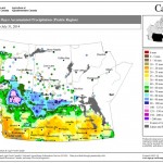 This map shows the total amount of precipitation that fell across the Prairies during the 30 days ending July 31 — only one day shy of the monthly total. Most of agricultural Manitoba was fairly dry during this period, with most areas seeing less than 40 mm. Extreme southeastern and northwestern areas were a little wetter. The wettest parts of the Prairies were over northern agricultural Saskatchewan and northeastern Alberta, especially around Edmonton, where an upper low brought large amounts of rain.