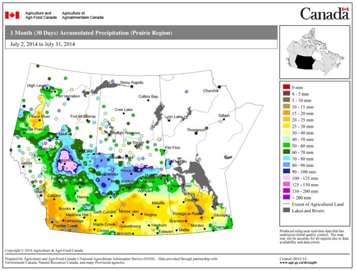 This map shows the total amount of precipitation that fell across the Prairies during the 30 days ending July 31 — only one day shy of the monthly total. Most of agricultural Manitoba was fairly dry during this period, with most areas seeing less than 40 mm. Extreme southeastern and northwestern areas were a little wetter. The wettest parts of the Prairies were over northern agricultural Saskatchewan and northeastern Alberta, especially around Edmonton, where an upper low brought large amounts of rain.