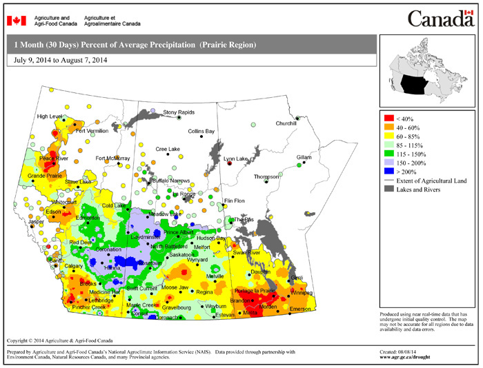 This map shows the total amount of precipitation that has fallen across the Prairies compared to historical averages over the 30 days ending Aug. 7. You can see just how dry it’s been across nearly all of agricultural Manitoba during this period; the only wet area was around The Pas. Farther west, much of northern and western Saskatchewan was wetter than average, as was east-central Alberta.
