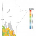 This WeatherFarm map shows the total amount of precipitation across agricultural Manitoba from May 1 through to Aug. 16. The Interlake region has been the driest during this period, with far-western regions seeing fairly wet conditions. The wettest area during this period was in the southern Red River Valley, which received over 500 mm of rain.