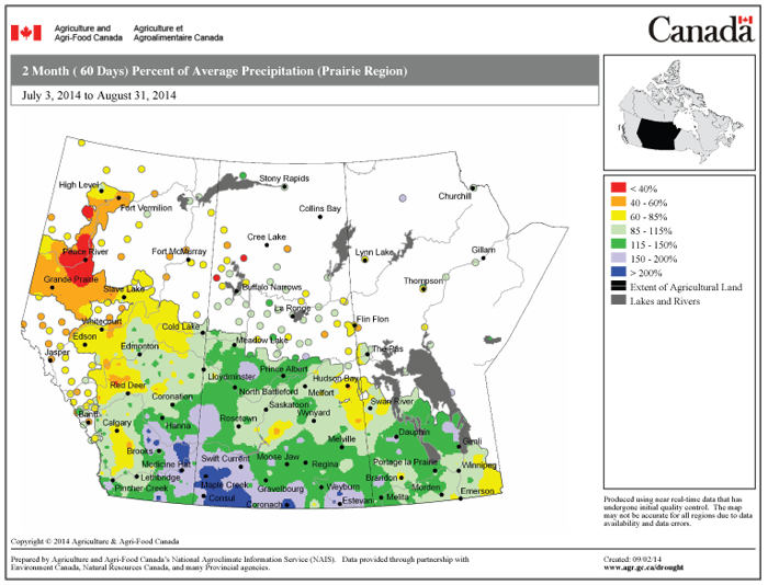 This issue's map shows the total amount of precipitation that fell across the Prairies compared to the long-term average for the 60 days ending Aug. 31. Manitoba only had a few locations that reported below-average amounts of precipitation, with the majority of the region seeing near- to above-average rainfall. Farther west, good portions of southern Saskatchewan and southeastern Alberta experienced a wetter-than-average summer.