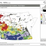 This map shows the total amount of precipitation that has fallen across the Prairies during the 30 days ending Aug. 25, as a percentage of the average expected for this period. This map seems to be a continuation of the maps we’ve seen so far this summer, with above-average amounts of rain over southern Alberta, Saskatchewan and western Manitoba and below-average amounts over northern Alberta.