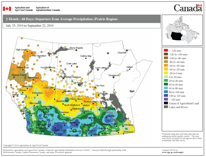 This map shows the departure from the average amount of precipitation that fell across the Prairies during the 60 days ending Sept. 22, or what can be considered the second half of summer. A good portion of agricultural Manitoba saw more than average amounts during this time period, with the wettest areas running from the northern Interlake southwestward. The area just south of Dauphin was the wettest, with amounts as much as 120 mm above average reported.