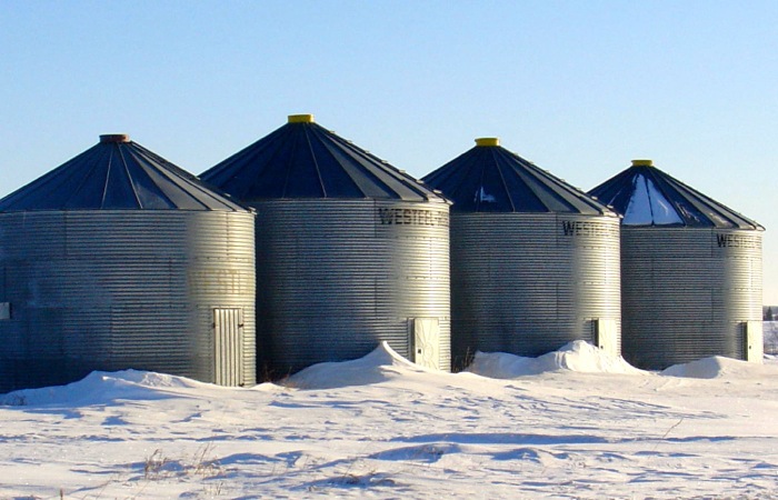 grain storage bins in the winter