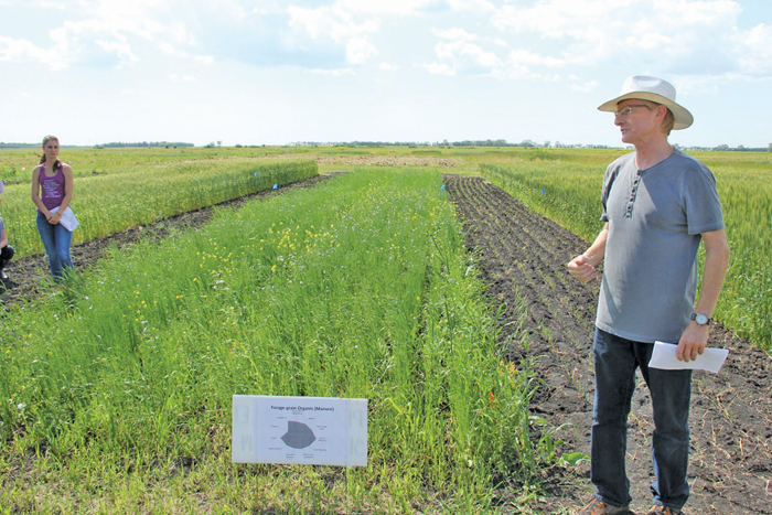 man standing on crop research project field