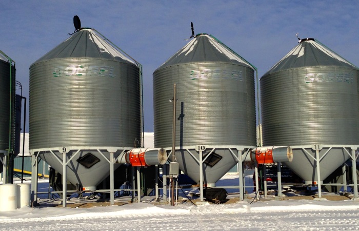 aeration fans at the base of grain bins