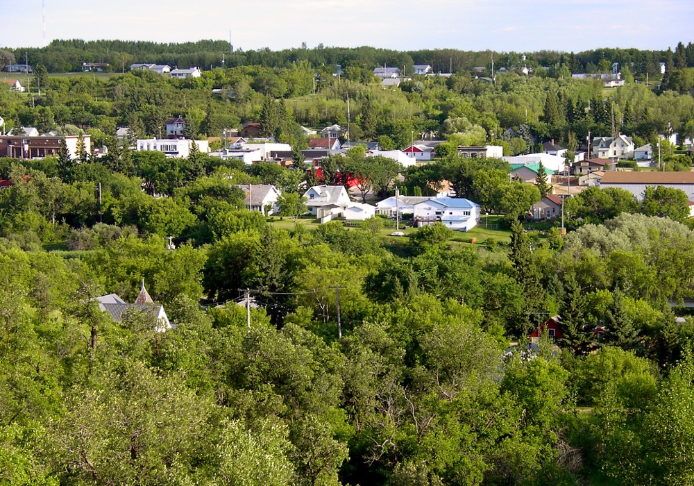 An aerial view of the town of Birtle.