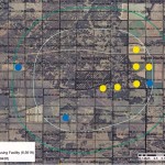 A map of the Carberry area, showing the proposed development with the blue and yellow dots highlighting the nearby livestock operations and an outline of the higher mutual separation distances.