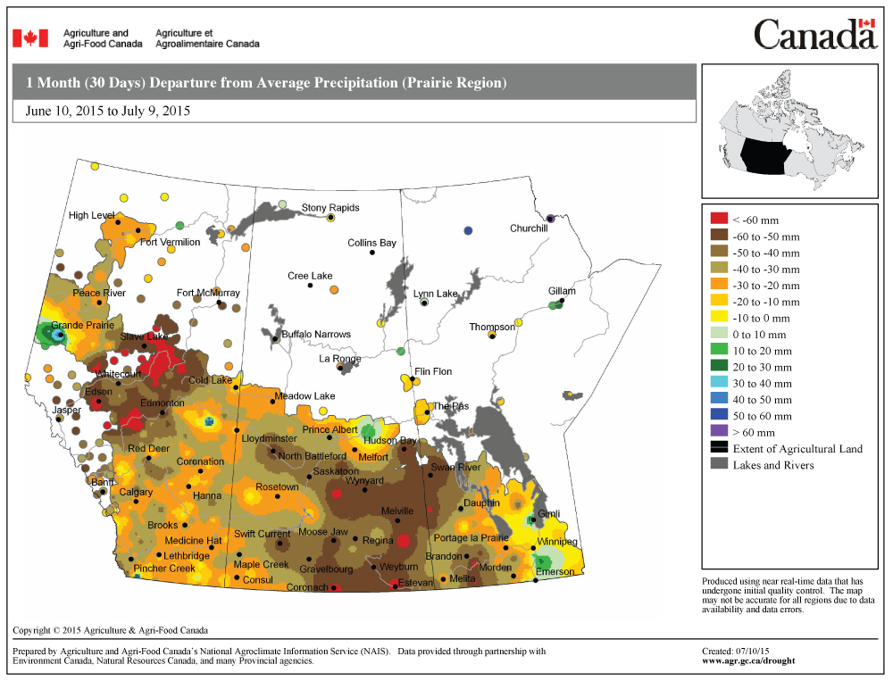 This map shows the total amount of precipitation that fell across the Prairies during the 30 days ending July 9, as a departure from the long-term average. Only a few small areas in each of the three Prairie provinces have seen average to above-average amounts of rainfall during this period. The vast majority of the Prairies has seen rainfall amounts at least 20 mm below average, with some areas reporting rainfall deficits greater than 60 mm.