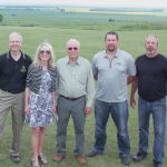 The new Escarpment Habitat Protection Program is seeking landowners along the Manitoba Escarpment between the border and Riding Mountain National Park to voluntarily preserve their property, or parts of it, in its natural state in return for a one-time payment or tax receipt. The following participated in the program’s announcement July 8 at Alexander Ridge Park on the escarpment west of Miami, Man.: Tatiana Moroz (l), Manitoba Forestry Association, Kristen Malec, Manitoba Forestry Association, Tim Sopuck, CEO, Manitoba Habitat Heritage Corporation, Murray Seymour, chair, Pembina Valley Conservation District, Candice Bergen, MP Portage Lisgar and minister of state for social development, Roy Wood, chair, La Salle Redboine Conservation District, Justin Reid, manager, La Salle Redboine Conservation District and Cliff Greenfield, manager Pembina Valley Conservation District.