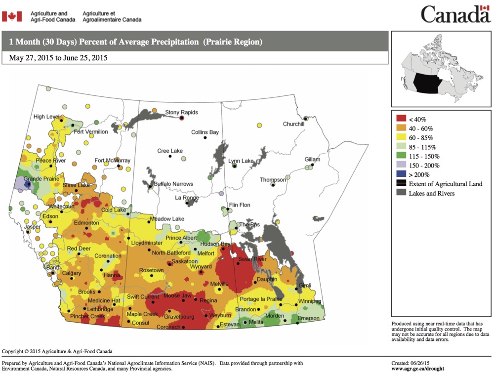 This map shows the total amount of precipitation that fell across the Prairies over the 30 days ending June 25. A large part of the three Prairie provinces saw below-average rainfall during this period, as seen in all the yellow, orange and red. Only a few locations had near- to above-average amounts, such as extreme-southern Manitoba and the Peace region around Grande Prairie, Alta.