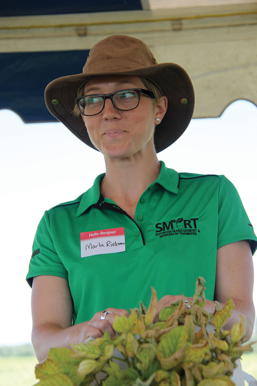 Marla Rieckman speaks to soybean growers.