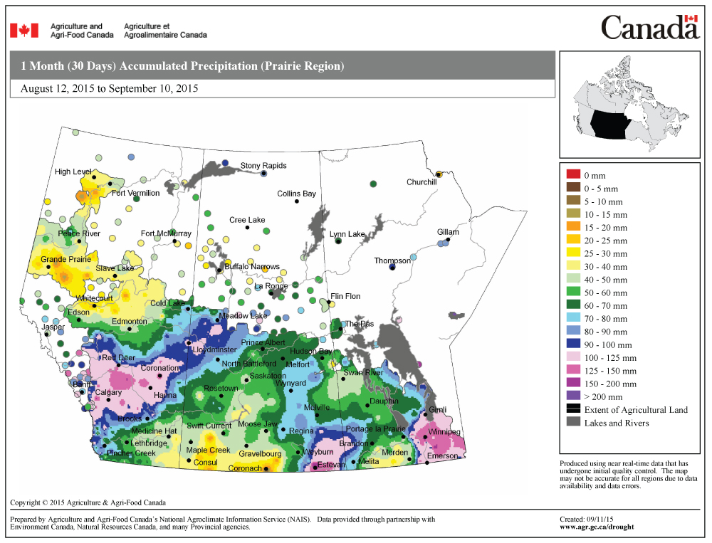 This issue’s map shows the total amount of precipitation that fell across the Prairies during the 30 days ending Sept. 10. This period “catches” most of the heavy rainfall events that we’ve seen over the last part of summer. This map looks much like one from earlier this year, with most of the heavy rains falling in an arc around southwestern Saskatchewan. A couple of exceptions are northwestern Alberta and south-central Manitoba, which were quite dry.