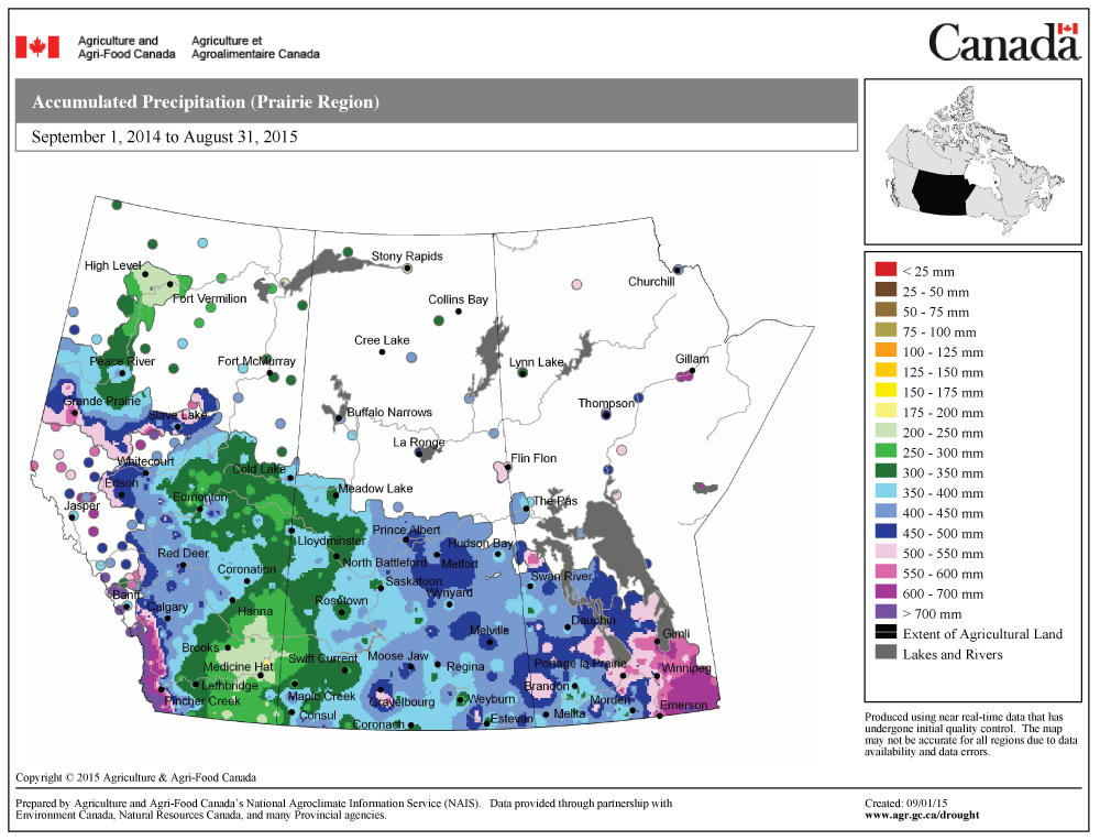 This map shows the total amount of precipitation that fell across the Prairies during the agricultural year ending Aug. 31. The eastern half of agricultural Manitoba saw the greatest amount of precipitation, with amounts in the 500- to 700-mm range. Precipitation amounts dropped off a bit to the west, with most of western Manitoba and eastern and central Saskatchewan seeing 350 to 500 mm. The driest region was west- central Alberta, where amounts were in the 200- to 350-mm range.