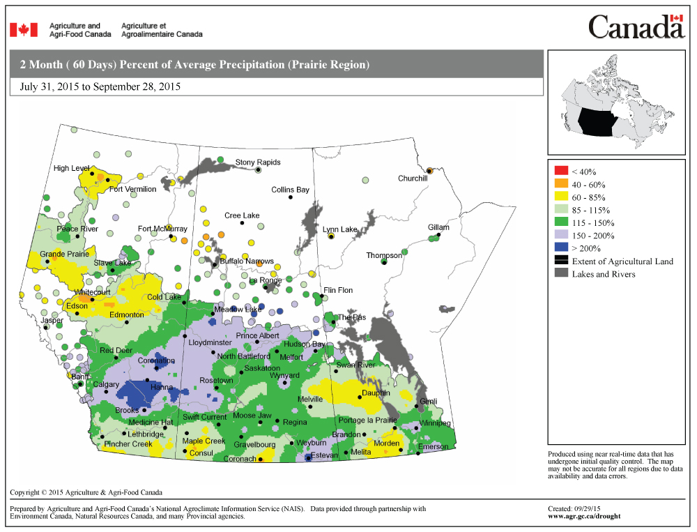 This map shows the total amount of precipitation that fell across the Prairies during the months of August and September as a percentage of the long-term average. A large part of the Prairies (dark green and blues) saw above-average amounts during this time. Manitoba was a little drier, with some below-average amounts, while southern Alberta was the wettest, with the region to the east of Calgary recording amounts that were more than 200 per cent of average.