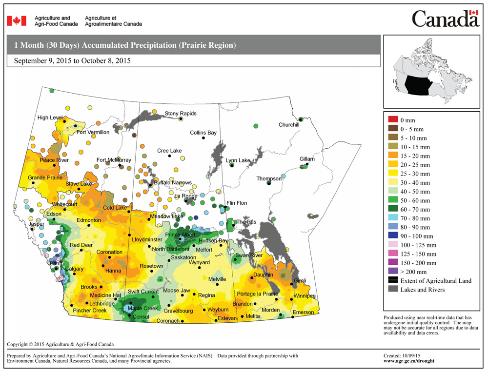 This map shows the total amount of precipitation that fell across the Prairies during the 30 days ending Oct. 8. This was a pretty dry period across agricultural Manitoba, with most regions seeing less than 30 mm; the Interlake was especially dry, with amounts in the five- to 10-mm range. Areas around and just south of Morden saw amounts in the 50-60 mm range thanks to a late-September thundershower. Over the rest of the Prairies the only “wet” area was in Saskatchewan, where some significant amounts fell from the southwest corner northeastward toward Prince Albert.