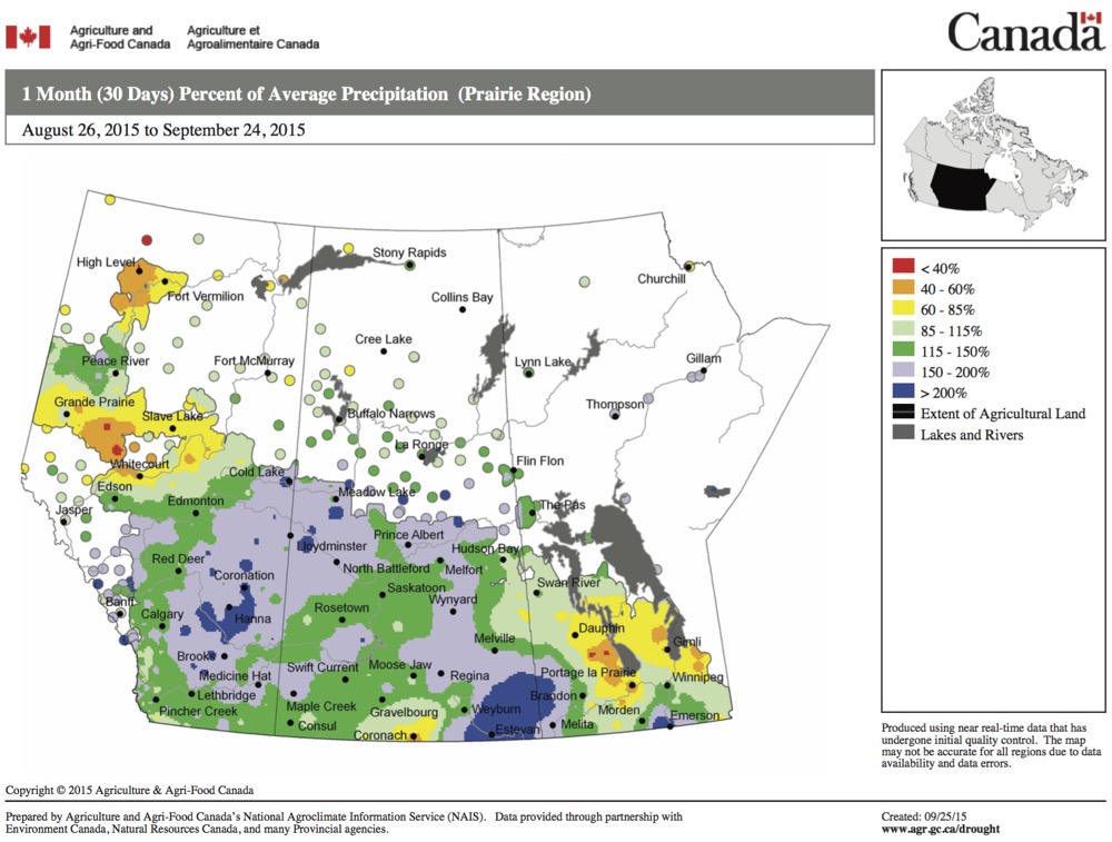 This issue&rsquo;s map shows the total amount of precipitation that fell across the Prairies as a percentage of average over the 30 days ending Sept. 24. Since we didn&rsquo;t see much rainfall during the last few days of August this map gives us a pretty good idea of how much rainfall we experienced during September. Southern and western areas saw near- to above-average amounts, with central regions seeing below- average amounts.