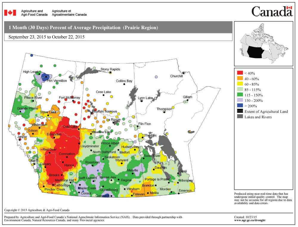 This map shows the per cent of average precipitation that has fallen across the Prairies during the 30 days ending Oct. 22. Most of agricultural Manitoba has seen near-average amounts (green), with southwestern regions reporting below-average amounts. To our west, Saskatchewan had a fairly wet period, with a number of areas recording between 150 and 200 per cent of average. It was a different story in Alberta, where a large portion of the province was extremely dry, recording less than 40 per cent of average.