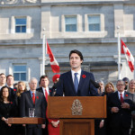 Prime Minister Justin Trudeau speaks to the crowds outside Rideau Hall after the cabinet’s  swearing-in ceremony in Ottawa November 4, 2015.