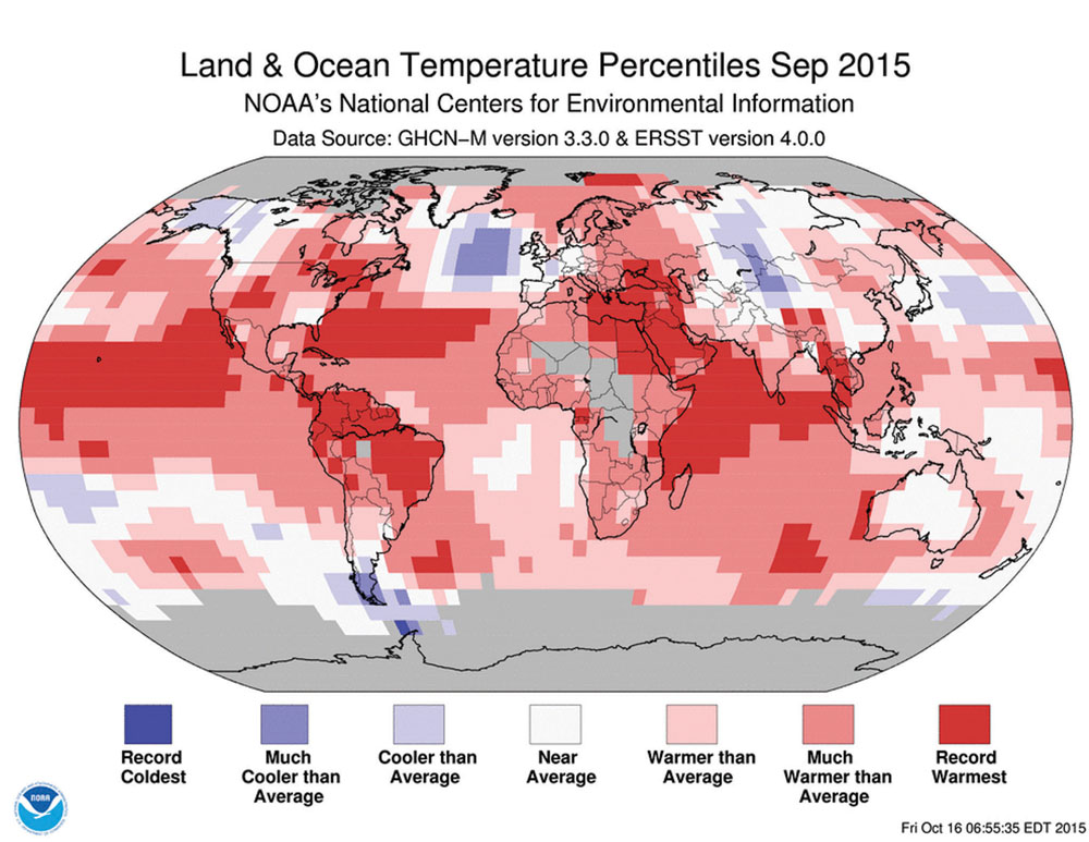 This map shows September&rsquo;s global temperatures as percentiles ranging from record cold to record warmth. Looking at the map it&rsquo;s easy to see just why September 2015 was one of, if not the, warmest September on record. With the exception of a few small areas of cooler to much cooler-than-average temperatures, most of the planet saw warmer to much warmer-than-average temperatures, with large areas seeing record warmth.