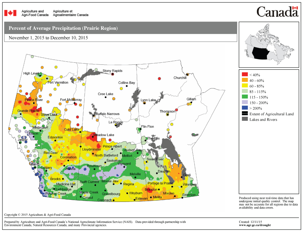This map shows the total amount of precipitation that has fallen across the Prairies so far this winter (Nov. 1 to Dec. 10) compared to the long-term average. With the exception of central Saskatchewan westward into extreme east-central Alberta and along the foothills in Alberta, precipitation so far this winter has been below to well-below average.