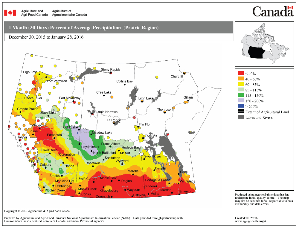 This map shows the total amount of precipitation that has fallen across the Prairies so far this year compared to the long-term average. Most of the Prairies saw a dry month, the only wet region being in northwestern Saskatchewan and adjacent Alberta. Across Manitoba, the southernmost areas were driest, receiving less than 40 per cent of their average precipitation.