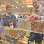 Brent Kosie of Canterra Seeds (r) speaks to Anand Aneja while looking at seed samples at Crop Connect 2016 in Winnipeg. More than 600 farmers attended the annual two-day conference and trade show.