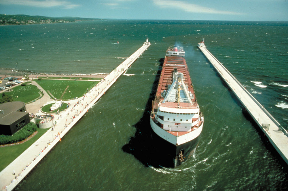 A Canadian Steamship Lines lake freighter entering Duluth Ship Canal at Duluth, Minnesota.