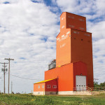 Two grain elevators at Carey, in the RM of De Salaberry, were owned by the Pioneer Grain Company, a subsidiary of James Richardson & Sons. Both have been demolished since the 1990s; this 2,620-tonne elevator, painted in the bright-orange hallmark of the firm, came down in October 2014.