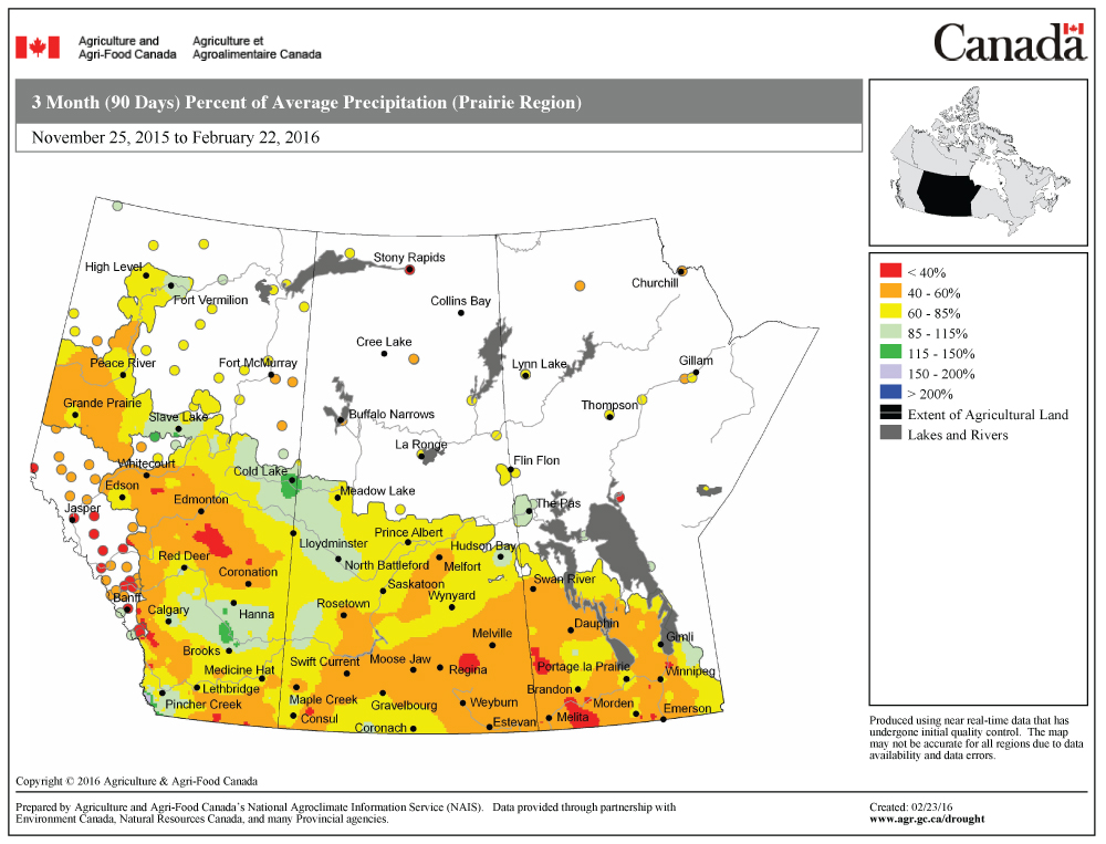 This map is the closest map I could find that shows the amount of precipitation that fell across the Prairies as a percentage of average over this last winter. It’s easy to see how dry a winter it has been, with the majority of the Prairie region reporting less than 85 per cent of average amounts, large areas with less than 60 per cent and scattered areas receiving less than 40 per cent of average.