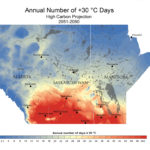 A map included in the new online climate atlas of the Prairie Climate Centre depicts the average number of +30 C days between 2051 to 2080 if a high carbon future unfolds under a ‘business-as-usual’ carbon emissions scenario.