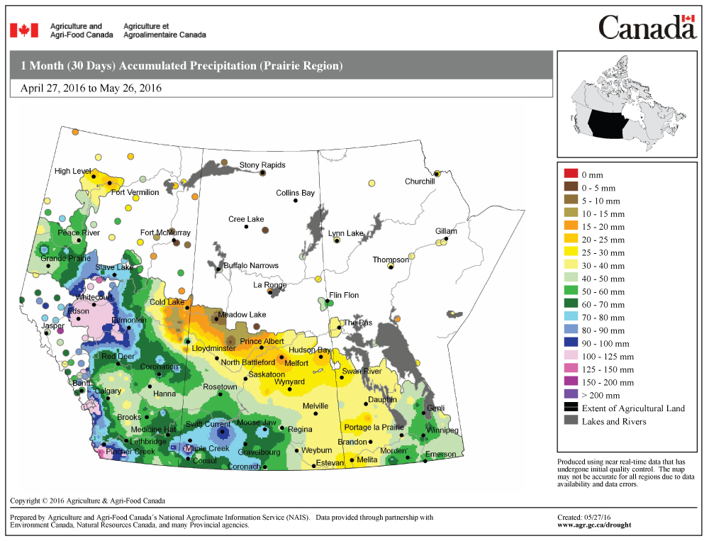 This map shows the total amount of precipitation that fell during the 30 days ending May 26. It’s been a fairly wet period for much of Alberta and southern Saskatchewan, with some areas reporting amounts of 75 to over 100 mm. In contrast, north-central Saskatchewan has been dry, with less than 25 mm reported. Across Manitoba, amounts are a little more consistent, varying from 25 mm over western regions to around 50 mm in east-central regions.