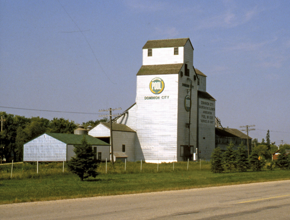 An 87,000-bushel elevator, annex, and steel bins in Dominion City were built by Manitoba Pool in 1966. They were traded to United Grain Growers, whose nearby elevator had been demolished in 1990. The facility closed in January 1999 and was demolished. During its period, the local UGG board was active in the community, hosting an annual curling bonspiel, providing trophies for 4-H public speaking competitions, purchasing uniforms for local juvenile hockey teams, and making donations for the upkeep of the local rink.