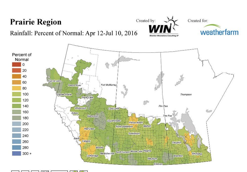This map shows the the total precipitation across the Prairies over the last three months. Most of the Prairies have seen near- to slightly above-average rainfall so far this growing season, with only southern and central Alberta seeing below-average amounts.