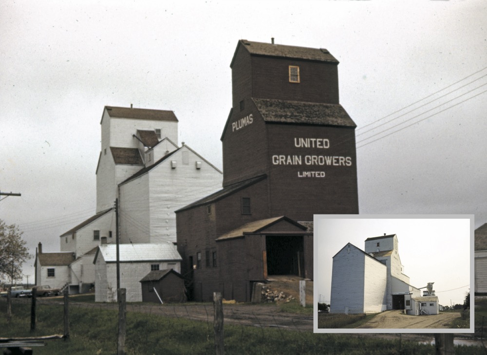 At one time, United Grain Growers had three elevators at Plumas, on the  CNR Gladstone Subdivision in what is now the Municipality of WestLake-Gladstone. One of them dated from May 1926, replacing an earlier elevator from around 1912 that had been leased then purchased by UGG in August 1924. This elevator was destroyed by fire on December 28, 1974 and not rebuilt. A second UGG elevator, known as Elevator #1 (photo taken in 1962), was formerly owned by the Western Canada Flour Mills.  Built in 1898, it was purchased by UGG agent J.F. Rogers and resold to  the company in June 1940. The third UGG elevator, known as Elevator #2  (photo taken in 1981), was constructed in 1949. Renovated in 1976, an  annex from Tenby was moved beside it in 1977.
