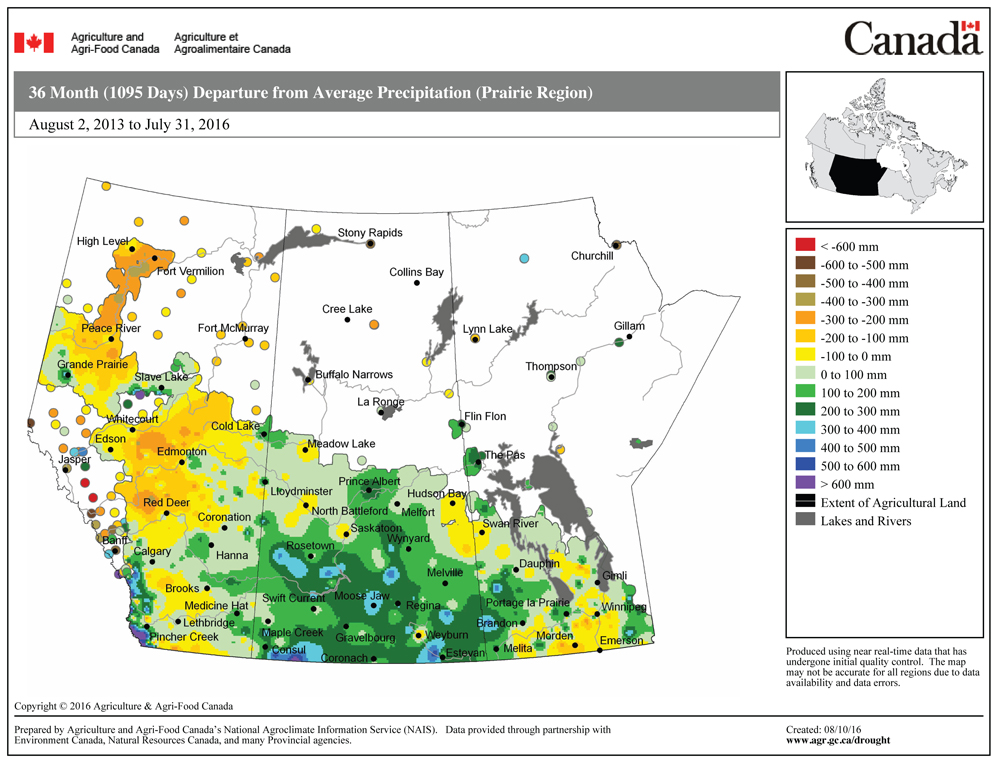 This map is one I haven’t used before. It shows the departure from average precipitation across the Prairies over the last three years, ending on July 31 this year. Averaged over this time period, Saskatchewan has been wet, as have parts of western and extreme eastern Manitoba. South-central Manitoba has been a little on the dry side, while extreme northwestern Alberta has been the driest.