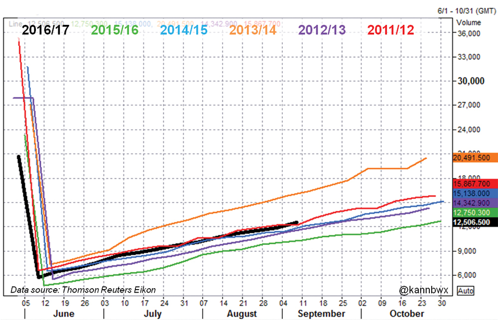Weekly accumulated U.S. wheat sales