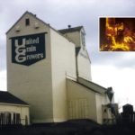 A grain elevator at Binscarth, on the CPR Bredenbury Subdivision in what is now the Municipality of Russell-Binscarth, was built in 1928 by United Grain Growers. The annex was added in 1957. Both were destroyed by fire on November 8, 1978, along with an estimated 30,000 bushels of wheat, oats, barley, and canola. A nearby fertilizer storage shed was saved by local firefighters and two boxcars next to the elevator were pushed out of danger by a tractor. At the height of the blaze, a freight train roared past the burning structure. There were no injuries but damages were assessed at over a half-million dollars. The elevator was not rebuilt.