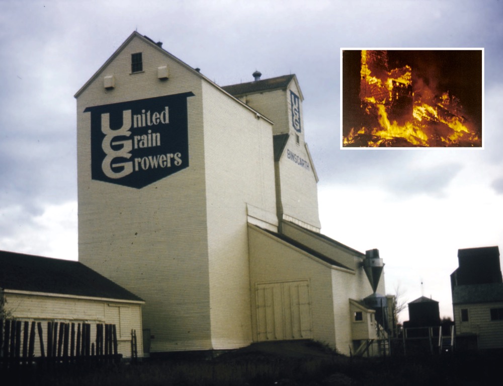A grain elevator at Binscarth, on the CPR Bredenbury Subdivision in what is now the Municipality of Russell-Binscarth, was built in 1928 by United Grain Growers. The annex was added in 1957. Both were destroyed by fire on November 8, 1978, along with an estimated 30,000 bushels of wheat, oats, barley, and canola. A nearby fertilizer storage shed was saved by local firefighters and two boxcars next to the elevator were pushed out of danger by a tractor. At the height of the blaze, a freight train roared past the burning structure. There were no injuries but damages were assessed at over a half-million dollars. The elevator was not rebuilt.