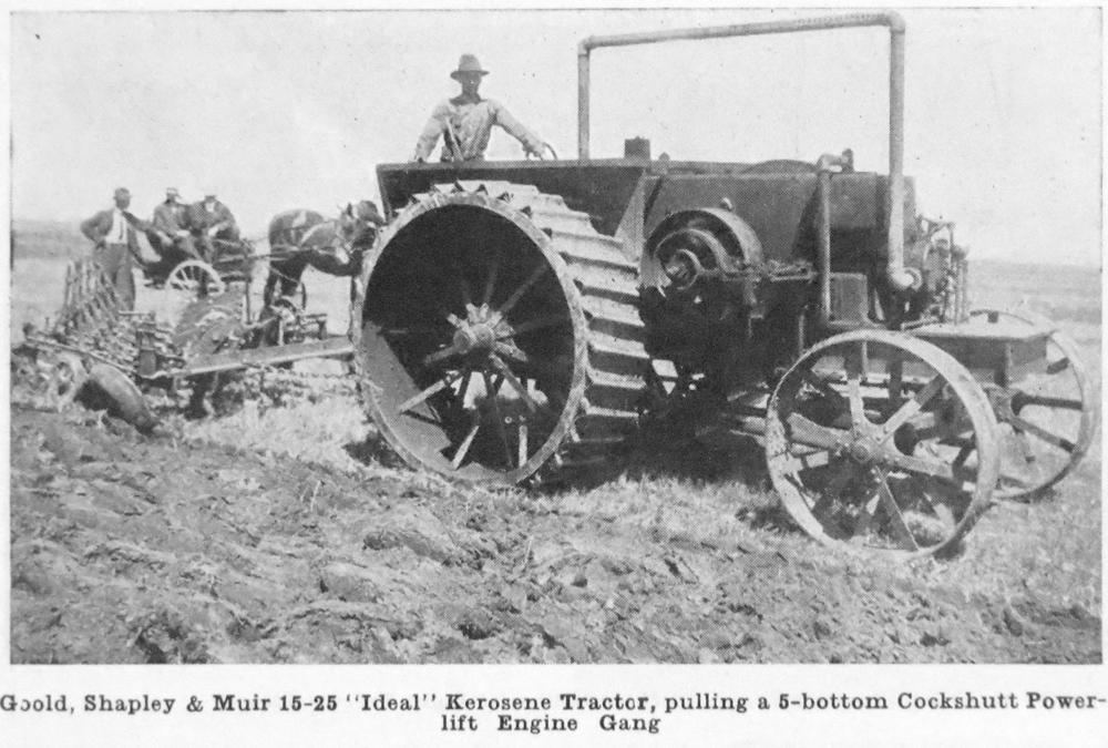 Goold Shapley & Muir (GS&M) is important as it was a very early Canadian manufacturer of tractors. GS&M was formed in 1892 from Goold and Company, a manufacturer of beekeeper supplies and refrigerators. The new company diversified and began to manufacture windmills, gasoline engines and other machinery. Manufacturing gas engines resulted in GS&M getting into the tractor business. In 1907, the company introduced the “Ideal” tractor line which consisted of two models the 18-35 and 25-50. GS&M went on to produce the “Ideal Junior” a 15-25 tractor. The Ideal Junior used a hopper-cooled two-cylinder opposed engine. GS&M tractors are rare today, however, they apparently were a decent tractor at the time.