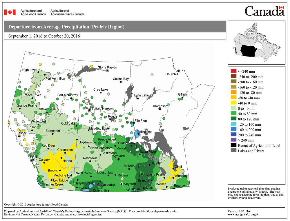 This map shows the departure from average precipitation for the Prairies so far this fall. Overall, it’s been a relatively wet fall, with most regions seeing average to above-average amounts of precipitation. The wettest areas were in western Manitoba and eastern and southwestern Saskatchewan. Only south-central Manitoba and Alberta received slightly below-average amounts of precipitation during this period.