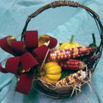 Decorative cobs combine with some mini-pumpkins to make an attractive Thanksgiving basket.